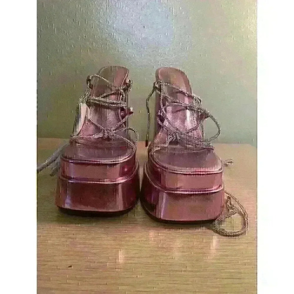 womens pink barbiecore strappy square toe block heel platform SZ 7.5 rhinestone - Picture 14 of 14